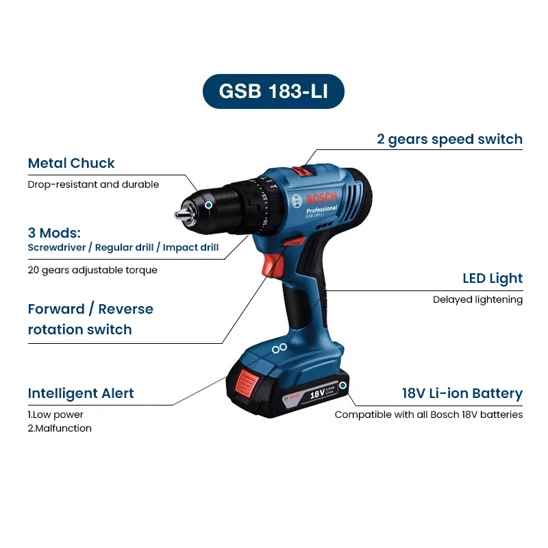 Power Tools Cordless - Bosch GSB183-LI Electric Drill Screwdriver Cordless